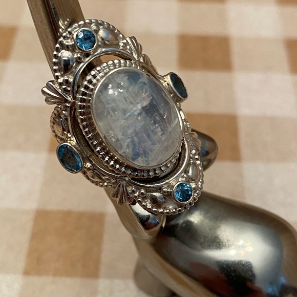 NEPAL Large Sterling Silver 925 Quartz Ring With Blue Topaz Sz 8- Vintage - Picture 2 of 10